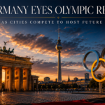 Sunset over Berlin with the Brandenburg Gate, German flag, TV Tower, and colorful Olympic rings.