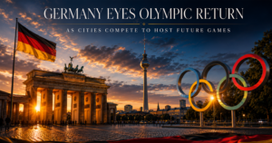 Sunset over Berlin with the Brandenburg Gate, German flag, TV Tower, and colorful Olympic rings.