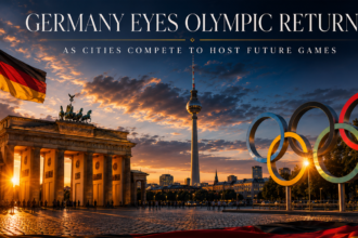 Sunset over Berlin with the Brandenburg Gate, German flag, TV Tower, and colorful Olympic rings.