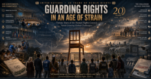Global rights banner: "Guarding Rights in an Age of Strain" with a fallen chair at sunset, crowd of diverse people facing it, symbolizing human rights under threat.