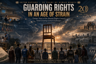 Global rights banner: "Guarding Rights in an Age of Strain" with a fallen chair at sunset, crowd of diverse people facing it, symbolizing human rights under threat.