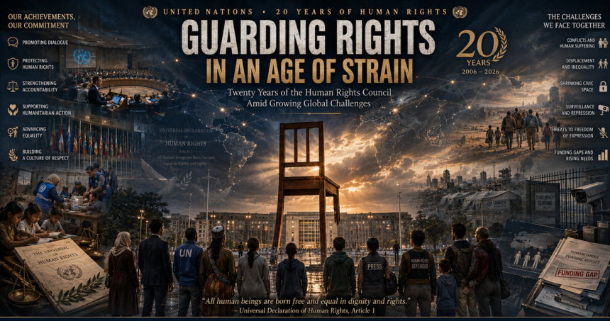 Global rights banner: "Guarding Rights in an Age of Strain" with a fallen chair at sunset, crowd of diverse people facing it, symbolizing human rights under threat.