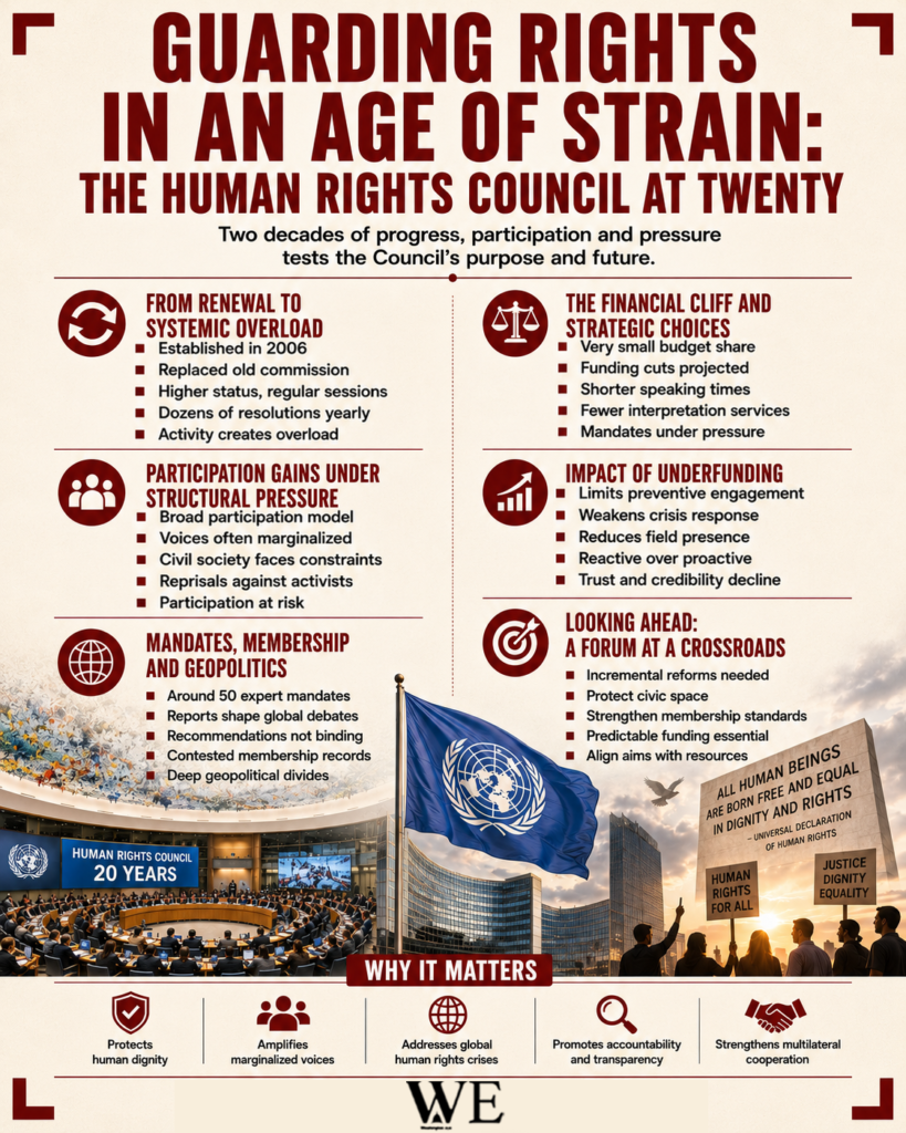 Infographic on the UN Human Rights Council at 20 years, showing six topic panels, a large UN flag, and a summit crowd.