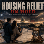 Family gazes toward the Capitol at sunset, surrounded by housing-crisis imagery—mortgage documents, 'For Sale' signs, and an hourglass beneath the 'Housing Relief on Hold' headline.