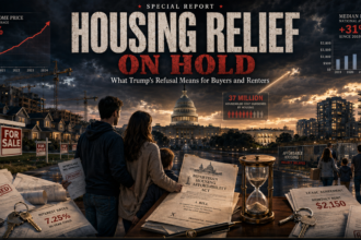 Family gazes toward the Capitol at sunset, surrounded by housing-crisis imagery—mortgage documents, 'For Sale' signs, and an hourglass beneath the 'Housing Relief on Hold' headline.