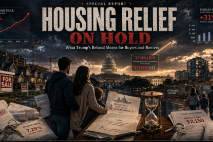 Family gazes toward the Capitol at sunset, surrounded by housing-crisis imagery—mortgage documents, 'For Sale' signs, and an hourglass beneath the 'Housing Relief on Hold' headline.