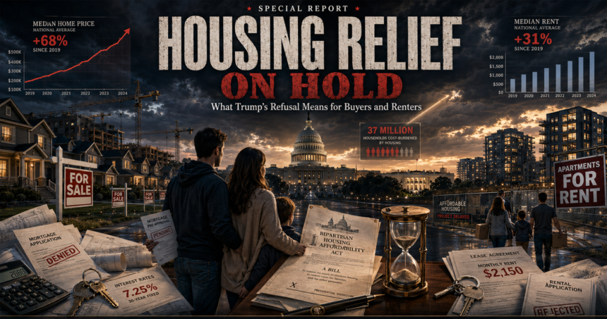 Family gazes toward the Capitol at sunset, surrounded by housing-crisis imagery—mortgage documents, 'For Sale' signs, and an hourglass beneath the 'Housing Relief on Hold' headline.