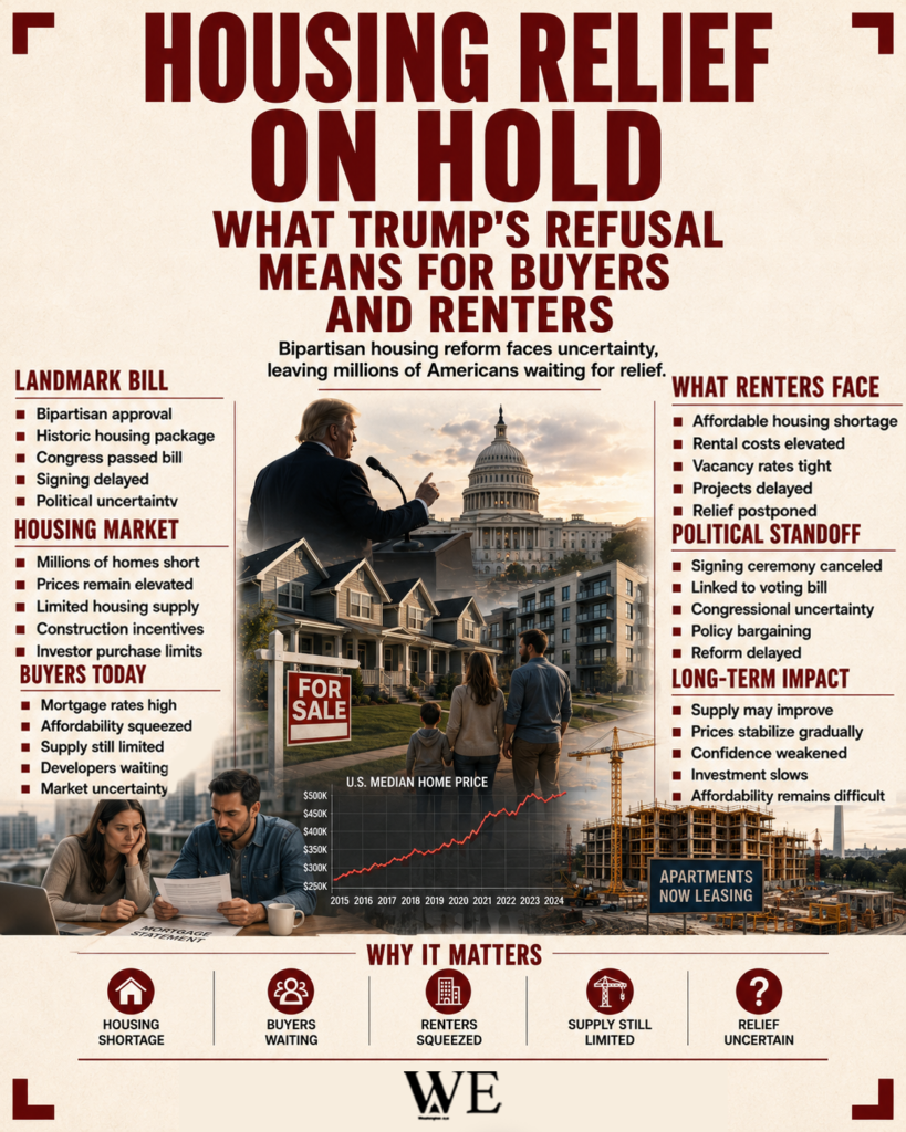 Infographic about housing relief with a bold headline “HOUSING RELIEF ON HOLD”; central image of people near a Capitol building and a For Sale sign, surrounded by housing imagery and construction. Side panels summarize bills, market conditions, and renter challenges. Bottom row icons explain why it matters.