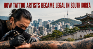 Tattoo artist in a mask and gloves tattoos a client’s forearm; city skyline and a traditional Korean temple rise in the background.