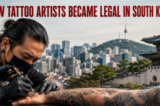 Tattoo artist in a mask and gloves tattoos a client’s forearm; city skyline and a traditional Korean temple rise in the background.