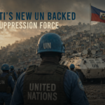 UN peacekeepers in blue uniforms and helmets stand in a rubble-filled street near an armored vehicle as a Haitian flag flies above a hillside settlement, with the overlay text about a new UN-backed gang suppression force.