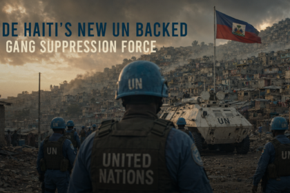 UN peacekeepers in blue uniforms and helmets stand in a rubble-filled street near an armored vehicle as a Haitian flag flies above a hillside settlement, with the overlay text about a new UN-backed gang suppression force.