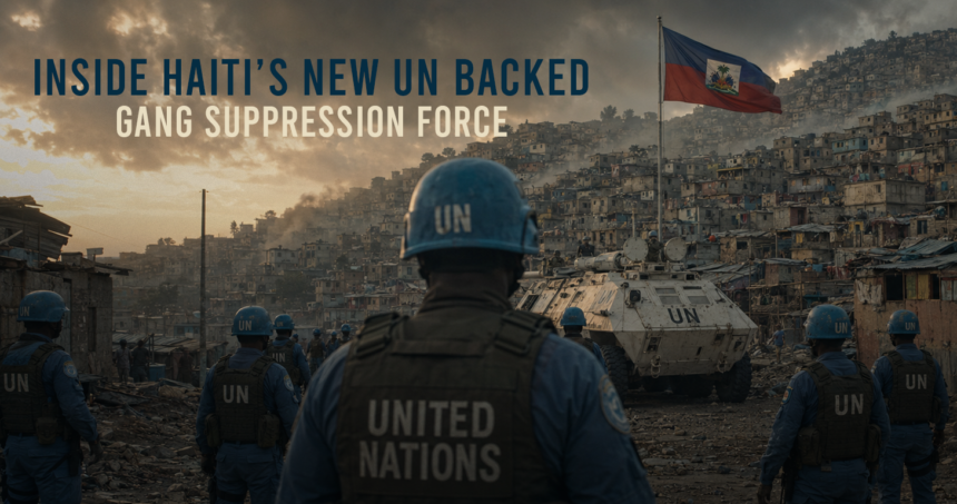 UN peacekeepers in blue uniforms and helmets stand in a rubble-filled street near an armored vehicle as a Haitian flag flies above a hillside settlement, with the overlay text about a new UN-backed gang suppression force.