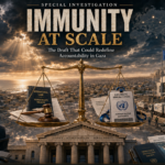 Poster for 'Immunity at Scale'—a report on accountability in Gaza, with a large scales of justice over a city and sunlit sky.