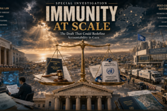 Poster for 'Immunity at Scale'—a report on accountability in Gaza, with a large scales of justice over a city and sunlit sky.