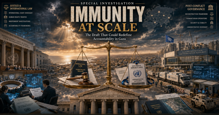 Poster for 'Immunity at Scale'—a report on accountability in Gaza, with a large scales of justice over a city and sunlit sky.