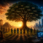 Tree of languages linking ancient learning to modern global communication across past and future worlds.