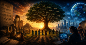 Tree of languages linking ancient learning to modern global communication across past and future worlds.