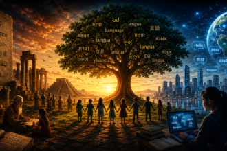 Tree of languages linking ancient learning to modern global communication across past and future worlds.