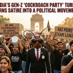 Crowd of young protesters raising fists and signs at a political rally, with a person in a suit and a cockroach mask at the center, India Gate in the background.