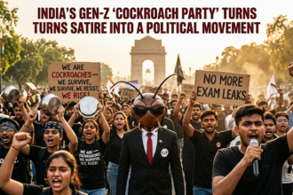 Crowd of young protesters raising fists and signs at a political rally, with a person in a suit and a cockroach mask at the center, India Gate in the background.