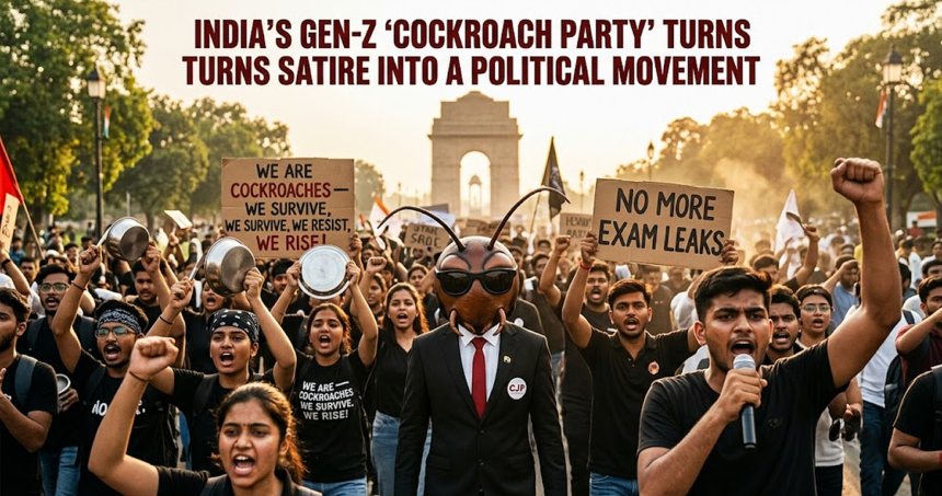 Crowd of young protesters raising fists and signs at a political rally, with a person in a suit and a cockroach mask at the center, India Gate in the background.