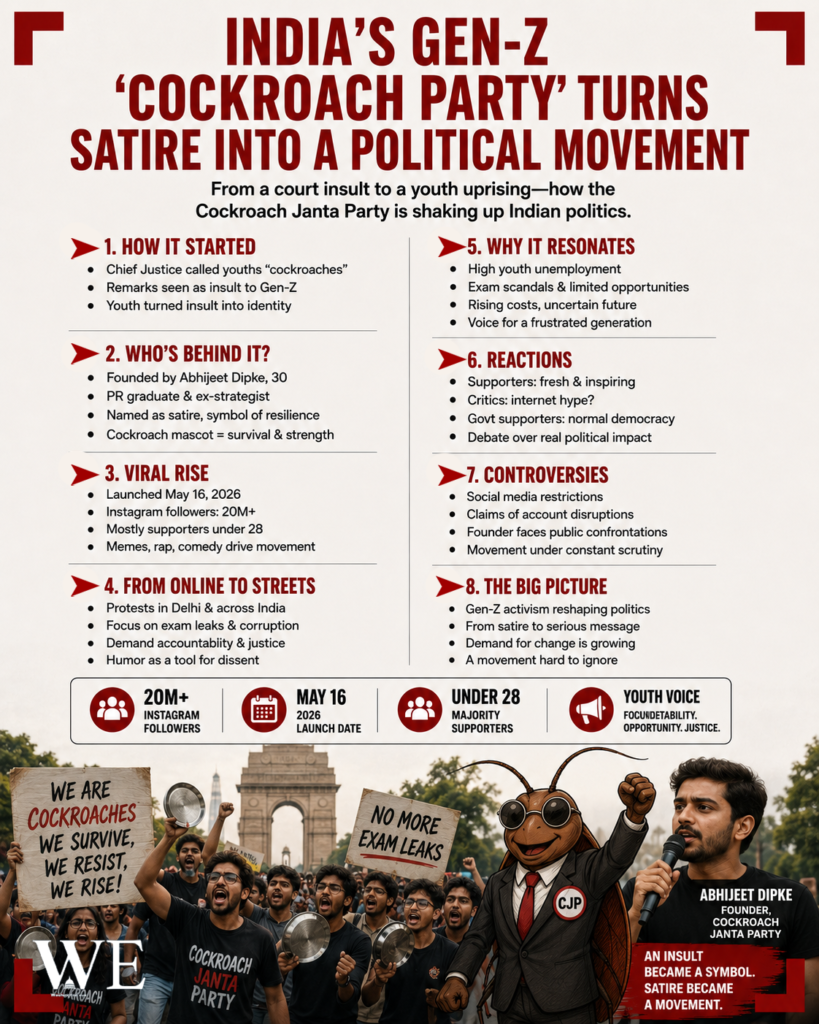Poster announcing India's Gen-Z 'Cockroach Party' satire turning into a political movement, with bulleted sections and a protest crowd at the bottom.