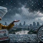 Woman in a yellow raincoat holds an umbrella as a heavy storm rains down over a flooded city, with a foreground sign about microplastics.