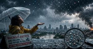 Woman in a yellow raincoat holds an umbrella as a heavy storm rains down over a flooded city, with a foreground sign about microplastics.