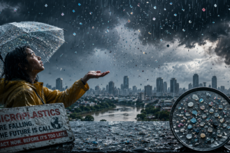Woman in a yellow raincoat holds an umbrella as a heavy storm rains down over a flooded city, with a foreground sign about microplastics.