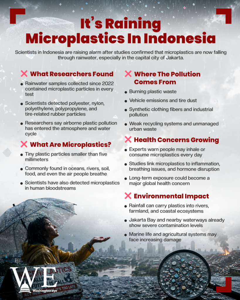 Infographic about microplastics raining in Indonesia; outlines research findings and environmental/health impacts in bullet points.] ,