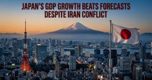 Japan's GDP growth beats forecasts despite Iran conflict; Tokyo skyline with Mt. Fuji and a waving Japanese flag in foreground