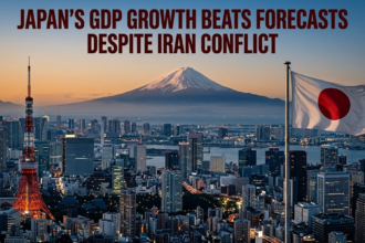 Japan's GDP growth beats forecasts despite Iran conflict; Tokyo skyline with Mt. Fuji and a waving Japanese flag in foreground