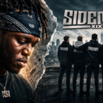 Promotional poster with a close-up of a man wearing a blue bandana and pendant on the left, and several teammates in black hoodies against a city skyline, SIDEMEN XIX at top.