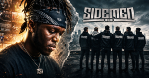 Promotional poster with a close-up of a man wearing a blue bandana and pendant on the left, and several teammates in black hoodies against a city skyline, SIDEMEN XIX at top.