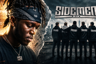 Promotional poster with a close-up of a man wearing a blue bandana and pendant on the left, and several teammates in black hoodies against a city skyline, SIDEMEN XIX at top.