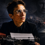 Older woman with short hair and round glasses sits at a desk, examining a sheet of paper as a vintage typewriter and books lie nearby, with a large gold medal on the desk and a dark, political collage backdrop of protests and a distant city skyline.
