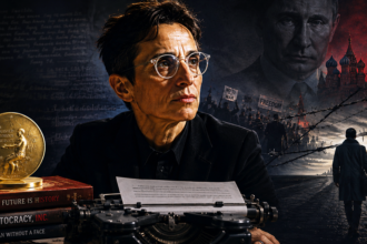 Older woman with short hair and round glasses sits at a desk, examining a sheet of paper as a vintage typewriter and books lie nearby, with a large gold medal on the desk and a dark, political collage backdrop of protests and a distant city skyline.