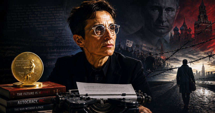 mgessen won pulitzer prize in opinion writing - graphics copy - washington eye Older woman with short hair and round glasses sits at a desk, examining a sheet of paper as a vintage typewriter and books lie nearby, with a large gold medal on the desk and a dark, political collage backdrop of protests and a distant city skyline.
