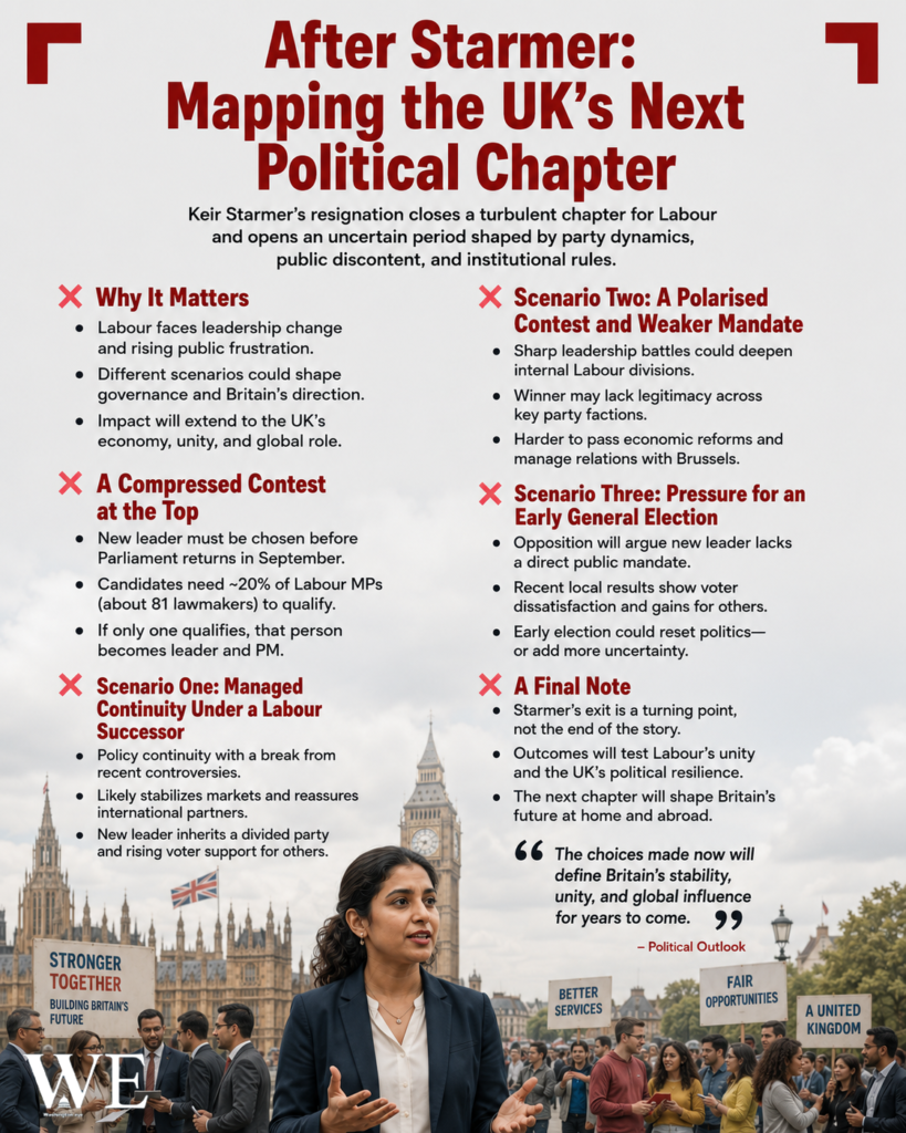Poster titled 'After Starmer: Mapping the UK's Next Political Chapter' with bullet points on Labour scenarios, and a speaker in front of Parliament in the foreground.