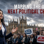 A woman in a navy suit speaks to a diverse crowd in front of the UK Parliament, with signs in the audience.