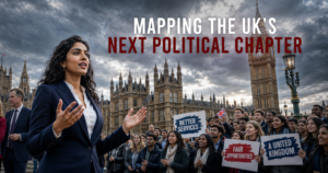 A woman in a navy suit speaks to a diverse crowd in front of the UK Parliament, with signs in the audience.