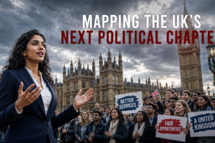 A woman in a navy suit speaks to a diverse crowd in front of the UK Parliament, with signs in the audience.