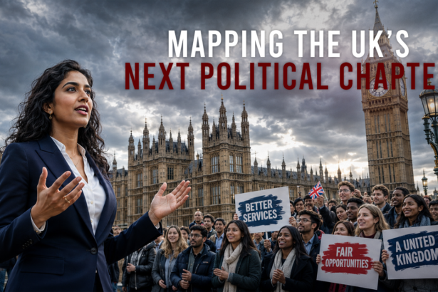 A woman in a navy suit speaks to a diverse crowd in front of the UK Parliament, with signs in the audience.