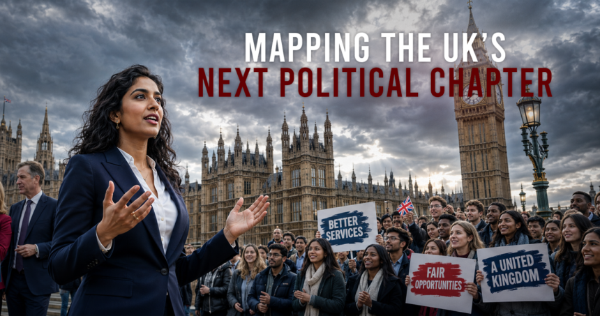 A woman in a navy suit speaks to a diverse crowd in front of the UK Parliament, with signs in the audience.