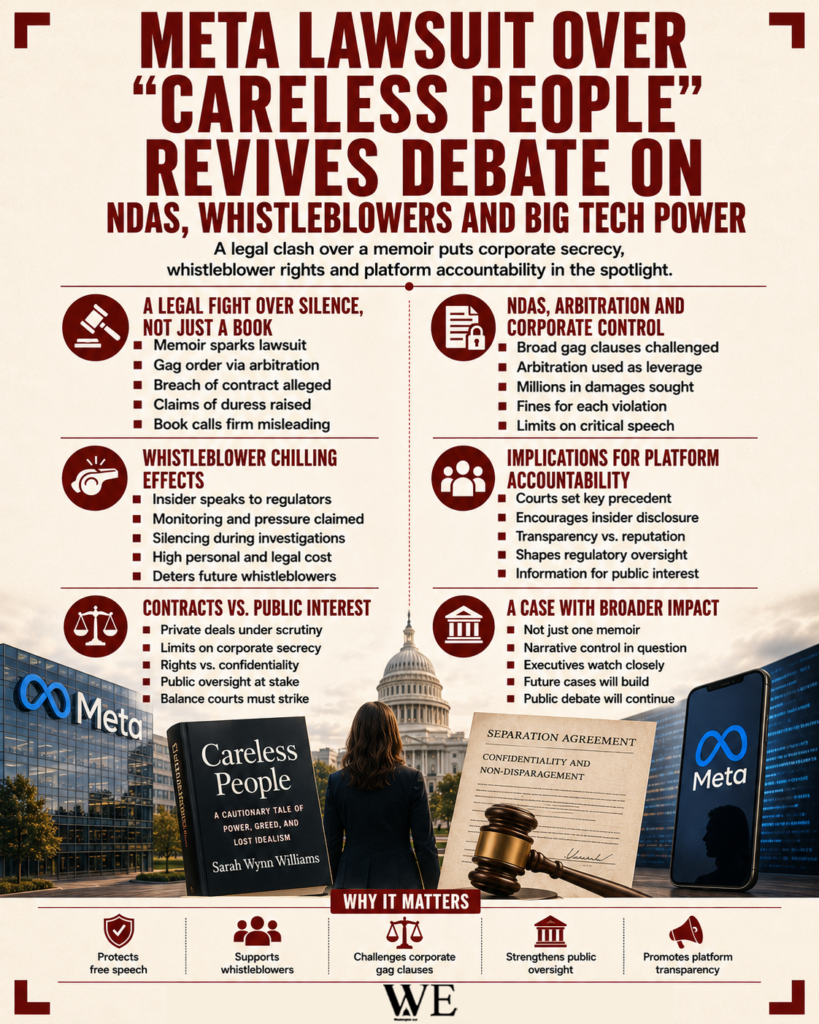 meta lawsuit over careless people revives debate on ndas whistleblowers and big tech power 4_5 - washington eye Infographic about a lawsuit over whistleblowers and corporate secrecy, with sections on NDAs, arbitration, accountability, and platform oversight; visuals include a gavel, a book titled 'Careless People', Capitol dome, and Meta branding.
