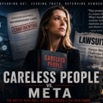 Collage-style poster showing a woman with a book 'Careless People' confronting Meta's power, courts and protest crowd in the background.