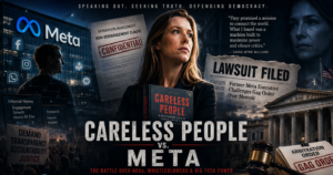 Collage-style poster showing a woman with a book 'Careless People' confronting Meta's power, courts and protest crowd in the background.