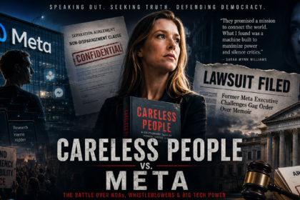 Collage-style poster showing a woman with a book 'Careless People' confronting Meta's power, courts and protest crowd in the background.