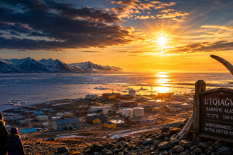 Arctic sunset over Utqiagvik, Alaska, with snow-lined town and distant mountains across icy water, sign in foreground.